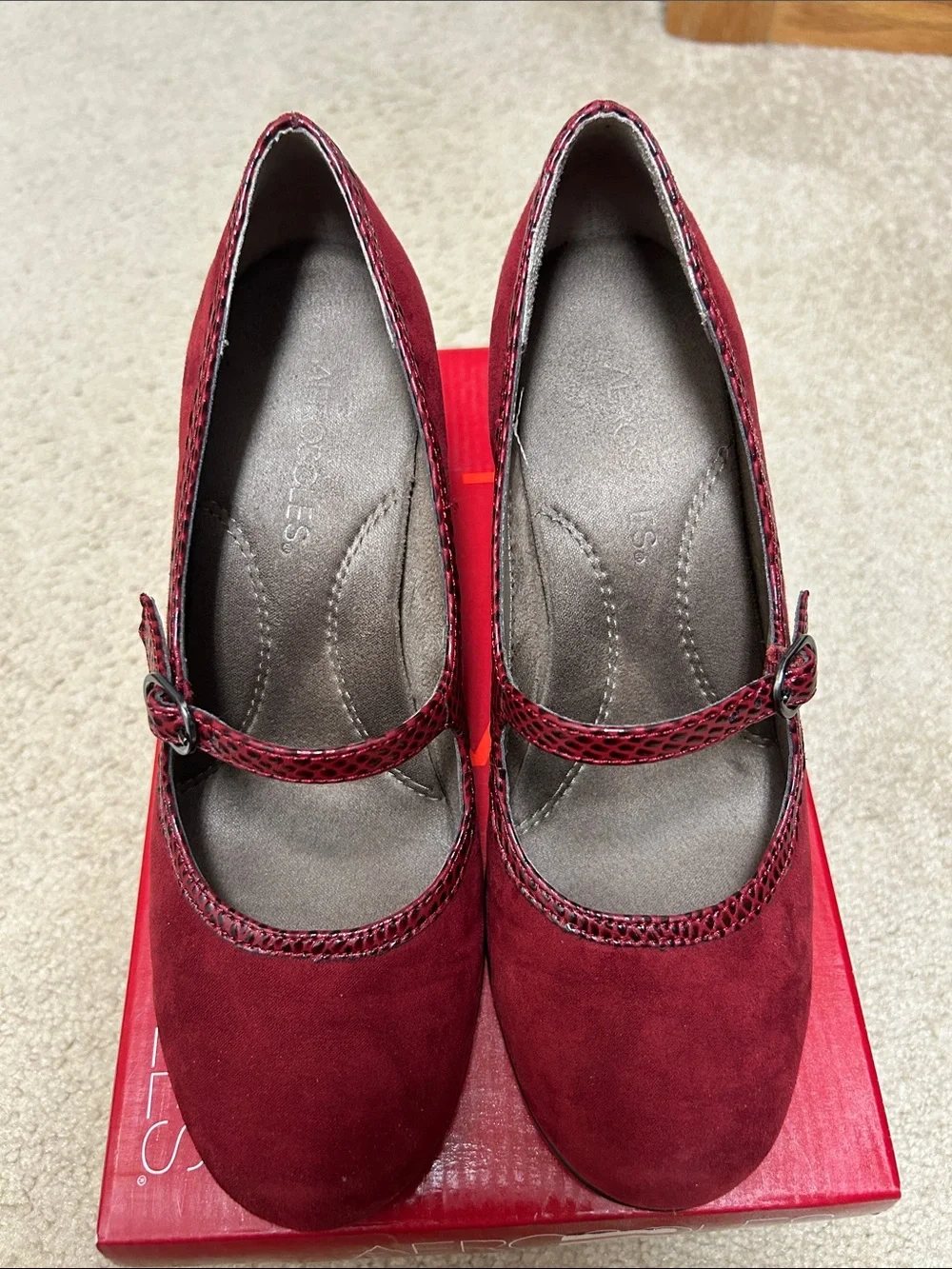AEROSOLES Burgundy Suede Mary Jane Pumps with Textured Strap
